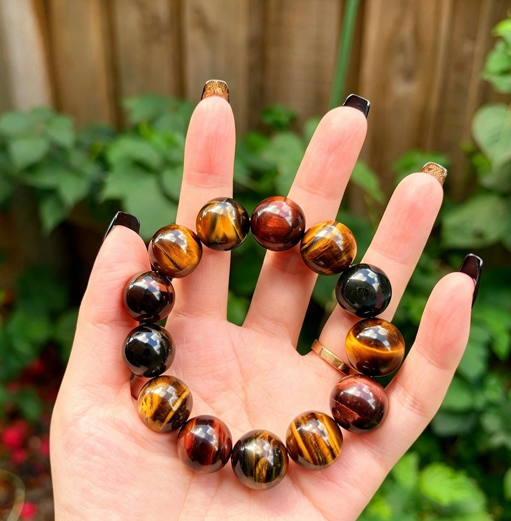 Natural Mixed Tiger's Eye Bracelet — 16mm Large Beads • Unisex