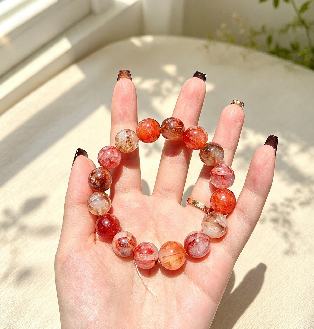 Natural Red Hematoid Quartz (Red Fire Quartz) Beaded Bracelet